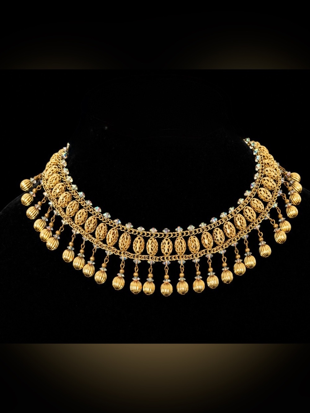 Antique Hobe Filigree & Crystal Dangle 1960’s Boho Victorian Revival Necklace